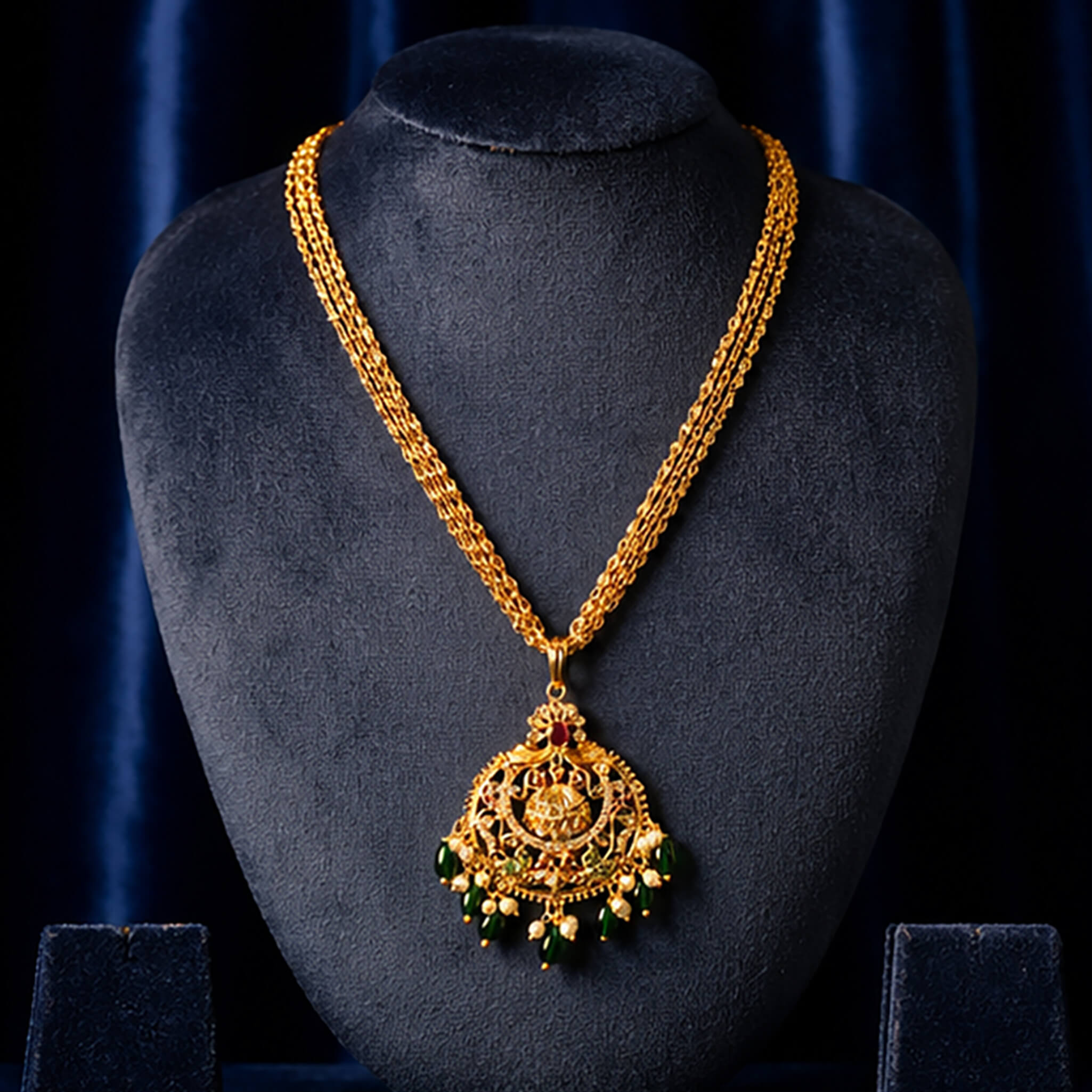 Traditional gold-tone Lakshmi temple pendant necklace with emerald-green bead drops displayed on a black jewelry bust.