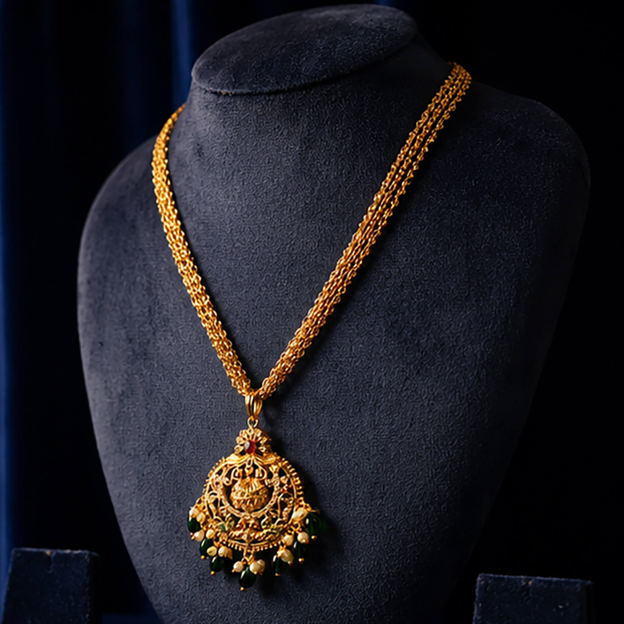 Traditional gold-tone Lakshmi temple pendant necklace with emerald-green bead drops displayed on a black jewelry bust.