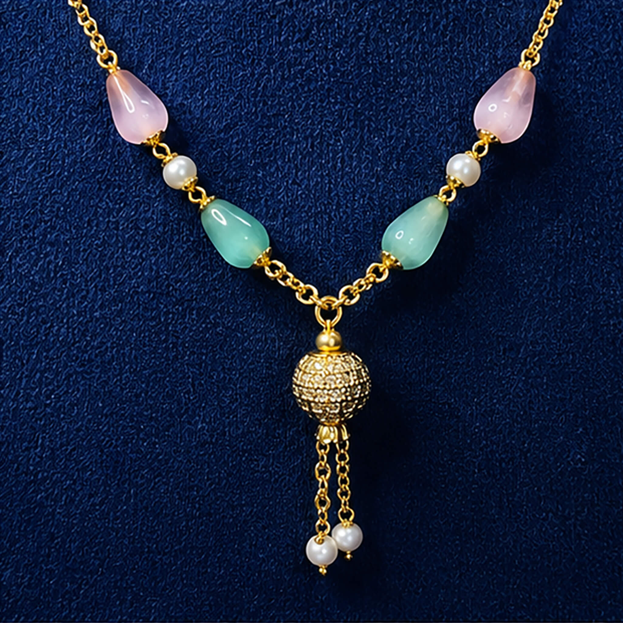 Gold-tone necklace with pastel pink and mint-green beads, pearl accents, and decorative pendant displayed on a royal blue velvet jewelry bust.