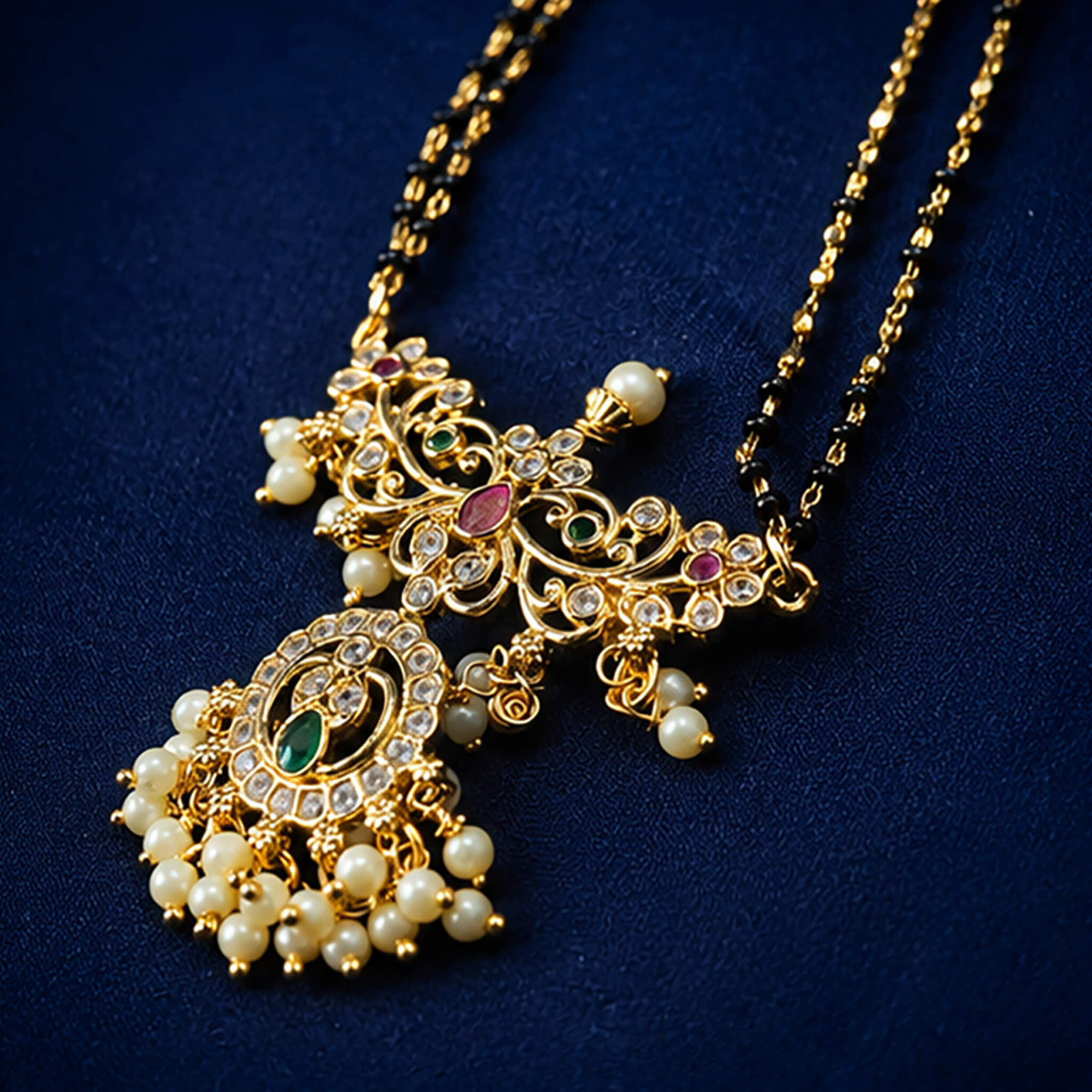 Traditional double-chain mangalsutra with ornate pearl drop pendant displayed on a royal blue velvet jewelry bust.
