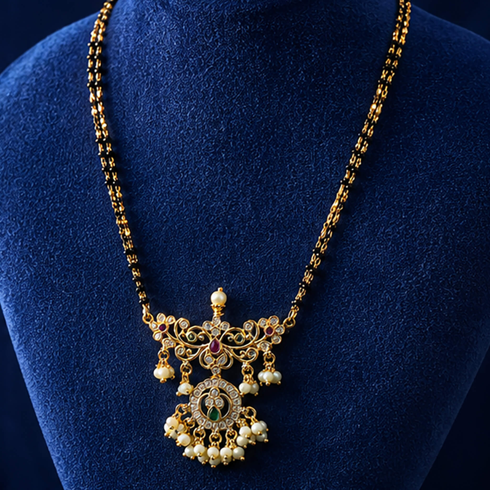 Traditional double-chain mangalsutra with ornate pearl drop pendant displayed on a royal blue velvet jewelry bust.