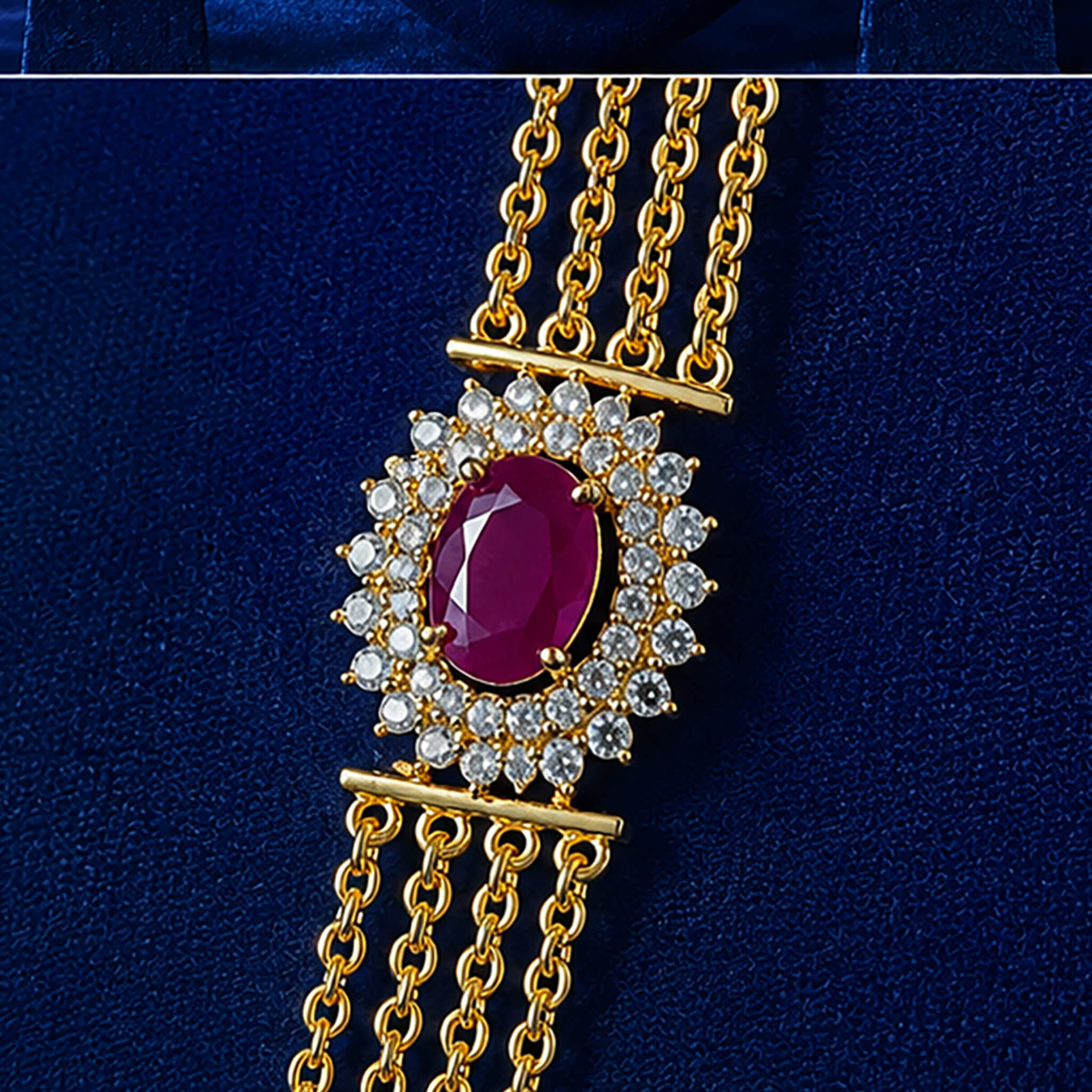 Multi-layered gold-tone Chandraharam with ruby-red floral centerpiece displayed on a royal blue velvet jewelry bust.