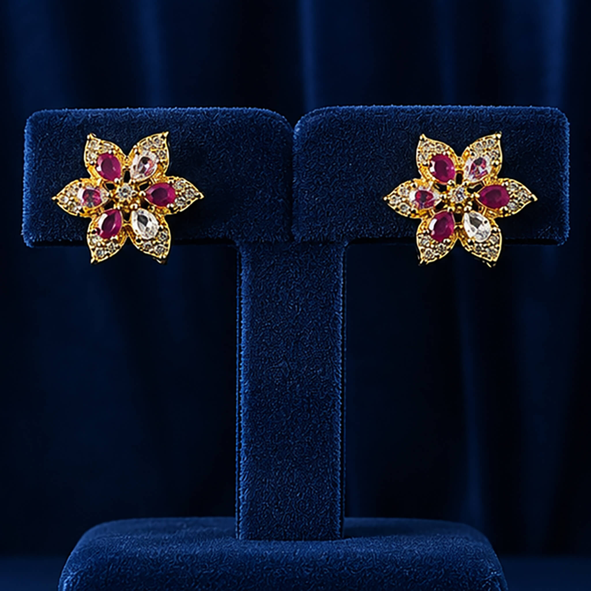 Gold-tone floral stud earrings with ruby-red stones and crystal accents displayed on a royal blue velvet stand.
