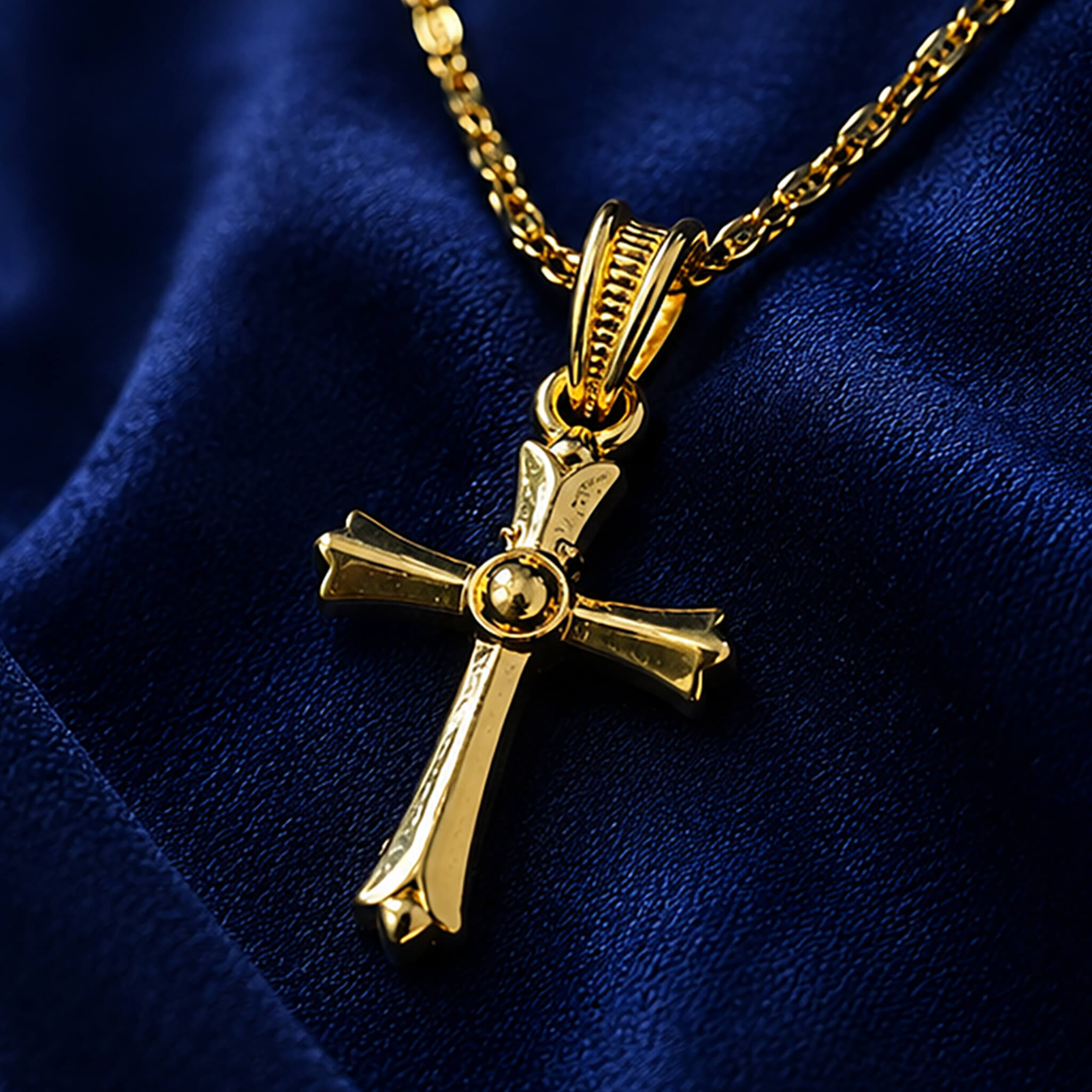 Gold-tone Christian cross pendant displayed on a royal blue velvet background.