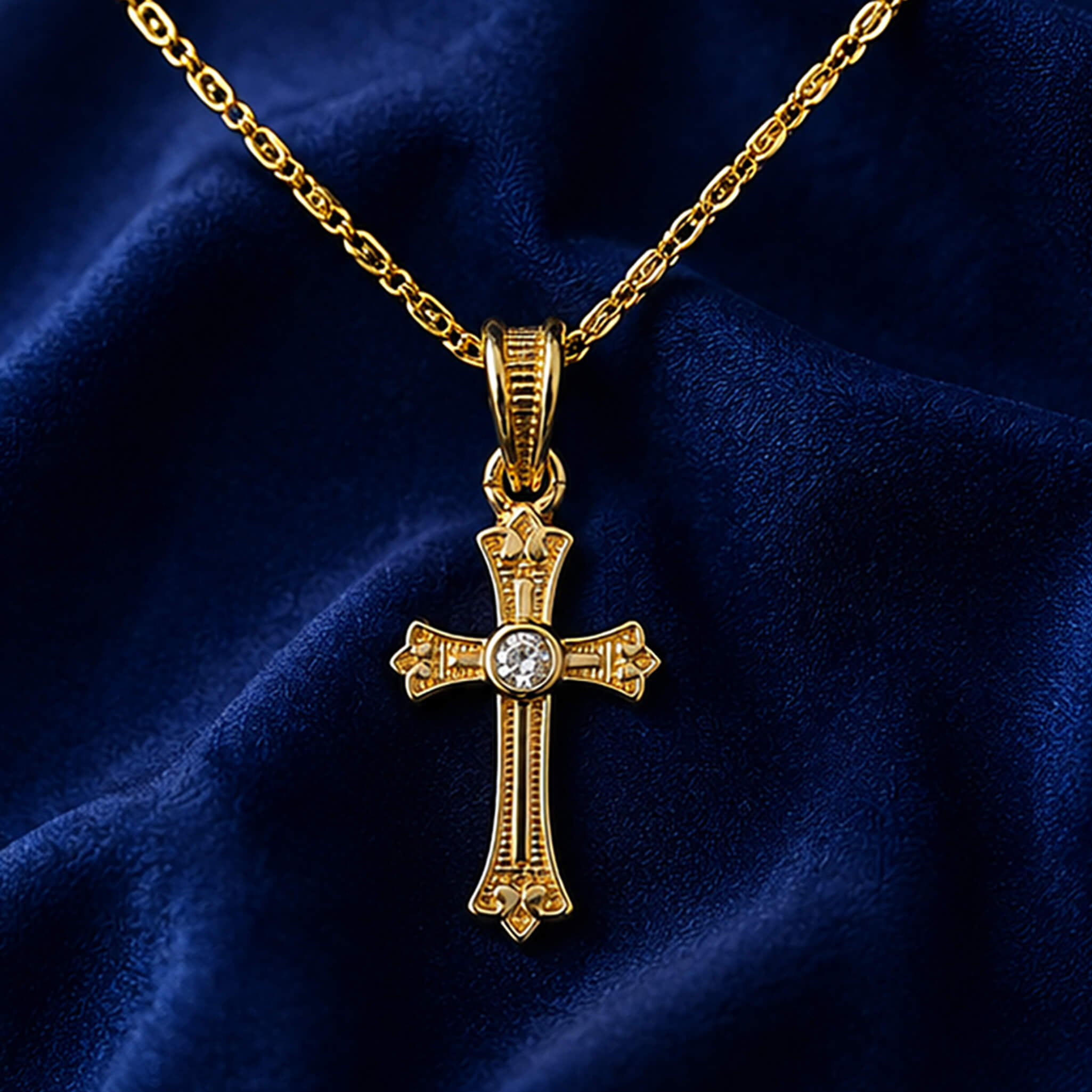 Gold-tone Christian cross pendant with decorative detailing and sparkling center stone on a royal blue velvet display.