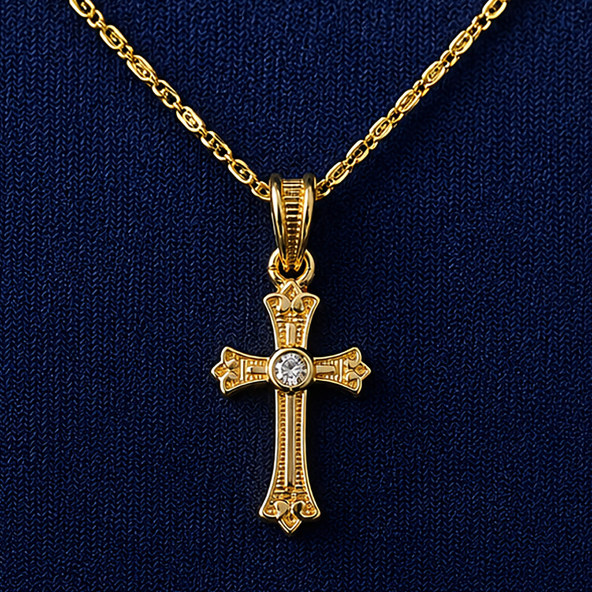 Gold-tone Christian cross pendant with decorative detailing and sparkling center stone on a royal blue velvet display.