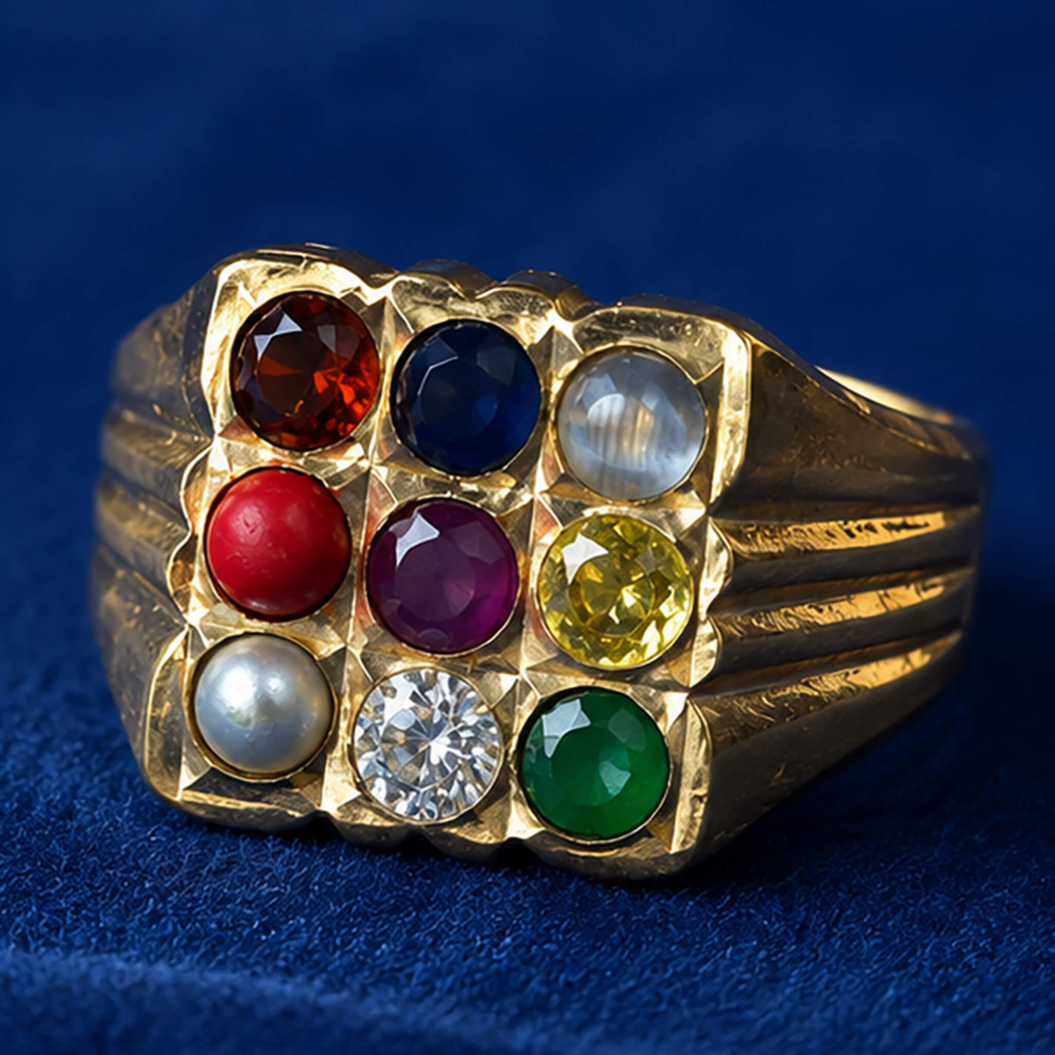 Gold-tone Navaratna-inspired ring featuring nine colorful stones arranged in a square setting on a royal blue velvet background.