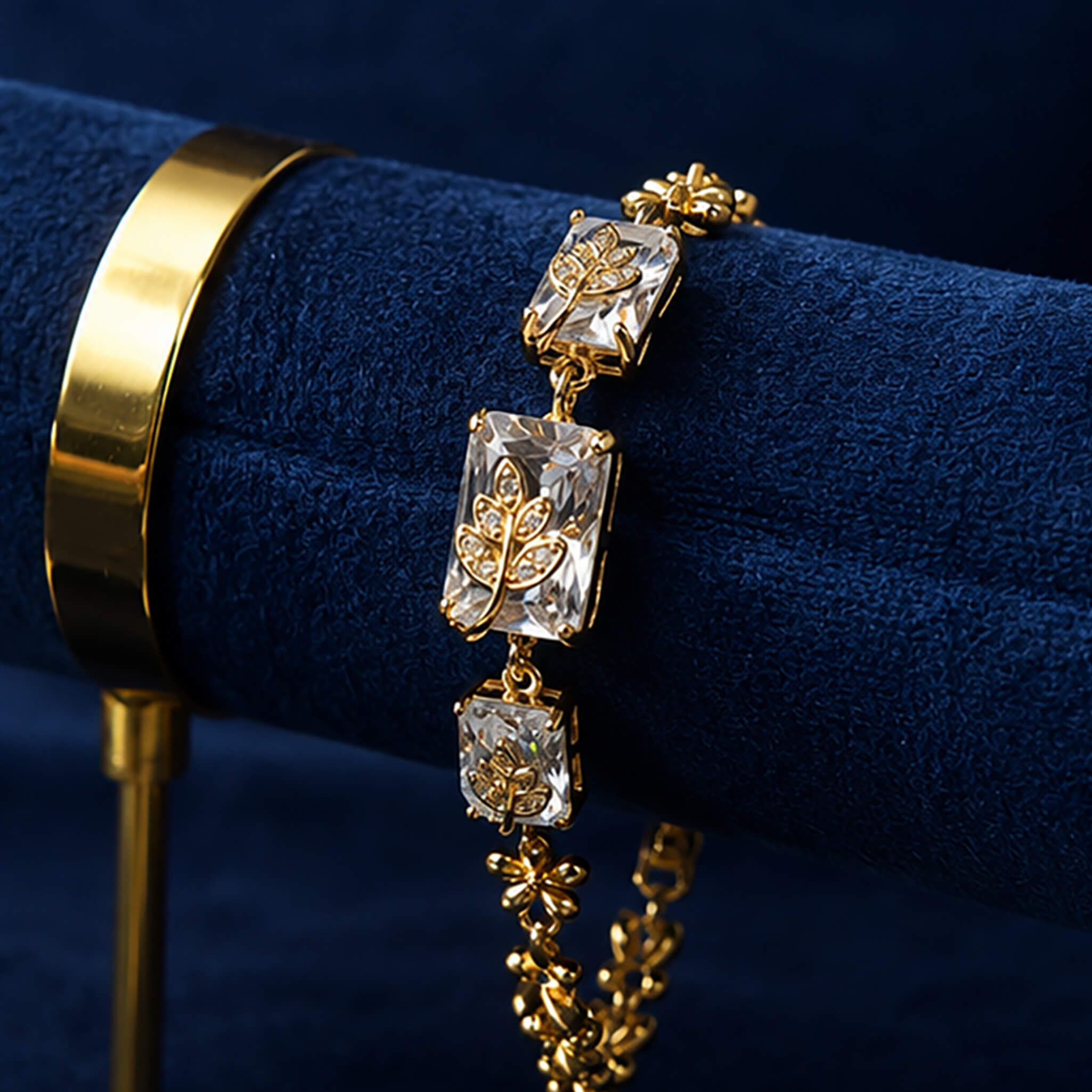 Gold-tone pendant necklace and matching crystal earrings featuring floral motifs displayed on a royal blue velvet jewelry stand.