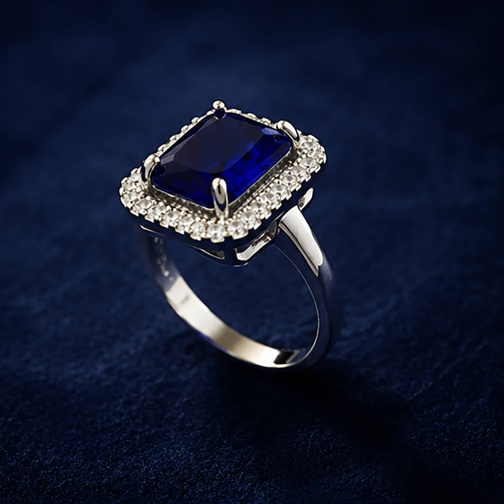 Royal blue sapphire-inspired jewelry set featuring matching earrings, pendant, bracelet, and ring on a dark blue velvet background.