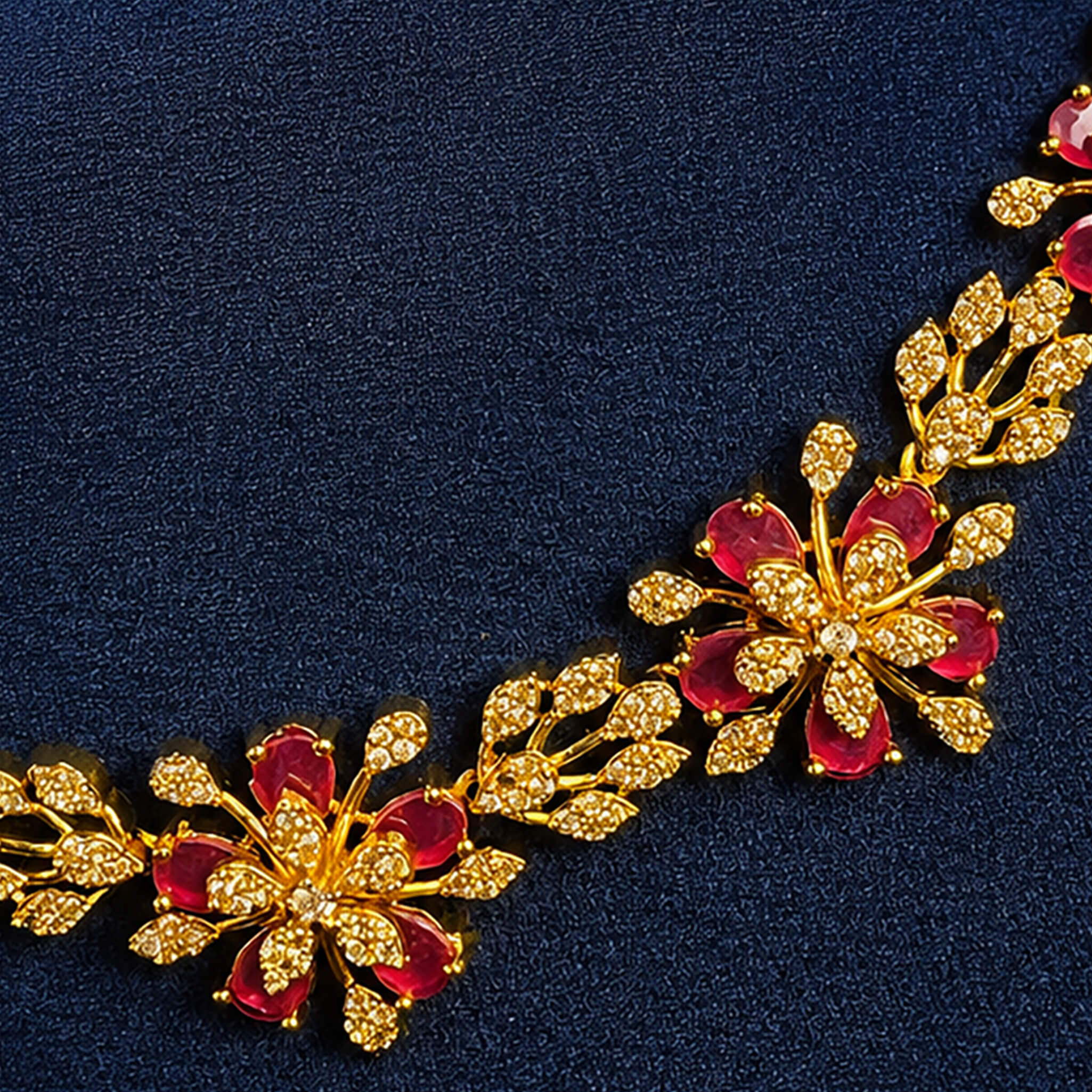 Gold-tone floral necklace set with red enamel flowers and matching ear tops displayed on a royal blue velvet jewelry stand.
