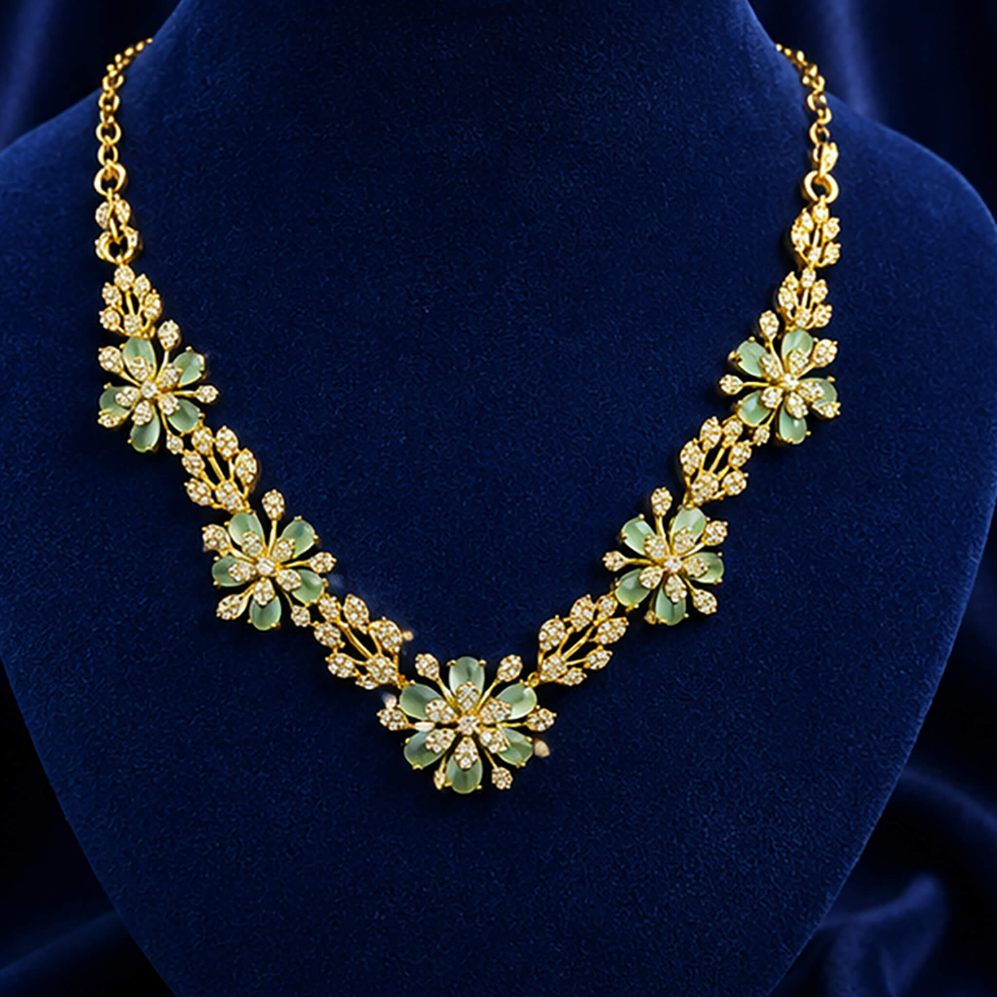 Gold-tone floral necklace set with mint-green petals and matching ear tops displayed on a royal blue velvet jewelry stand.