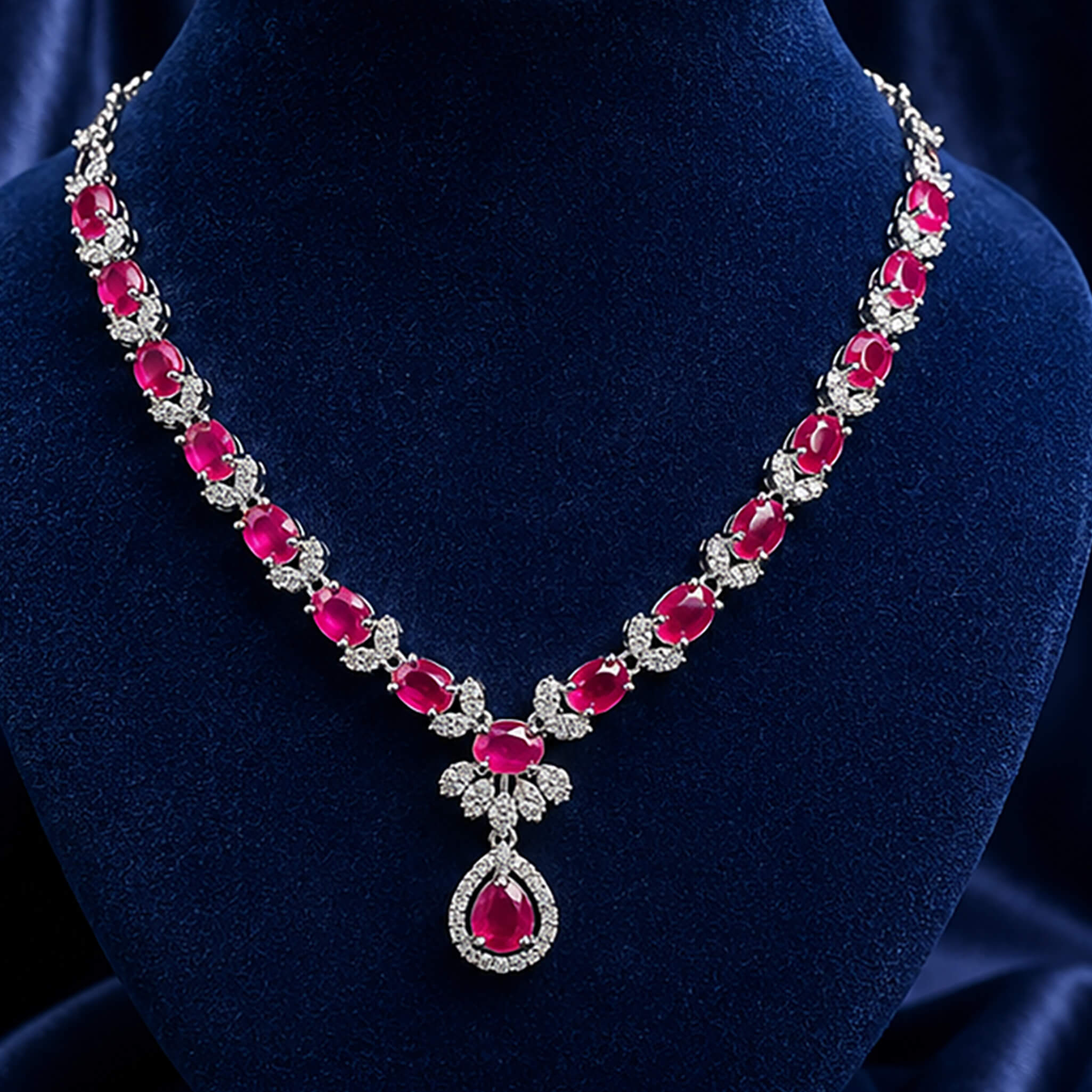Elegant ruby-red stone necklace set with matching teardrop earrings displayed on a royal blue velvet jewelry stand.