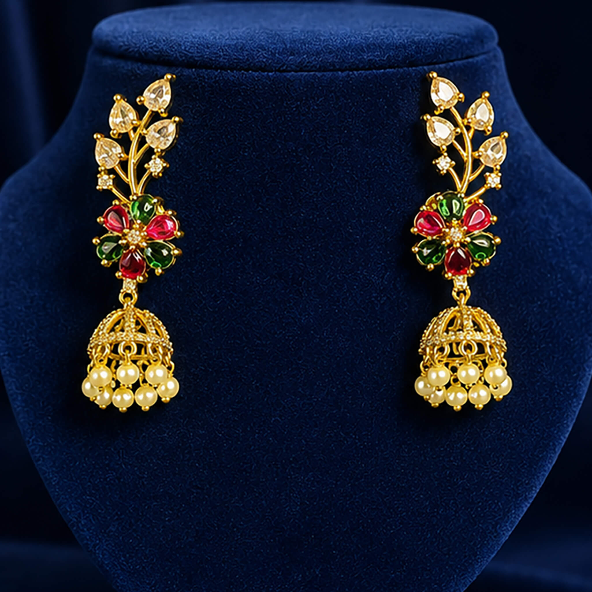 Aurelia Emerald Blossom Pearl Jhumka Ear Tops