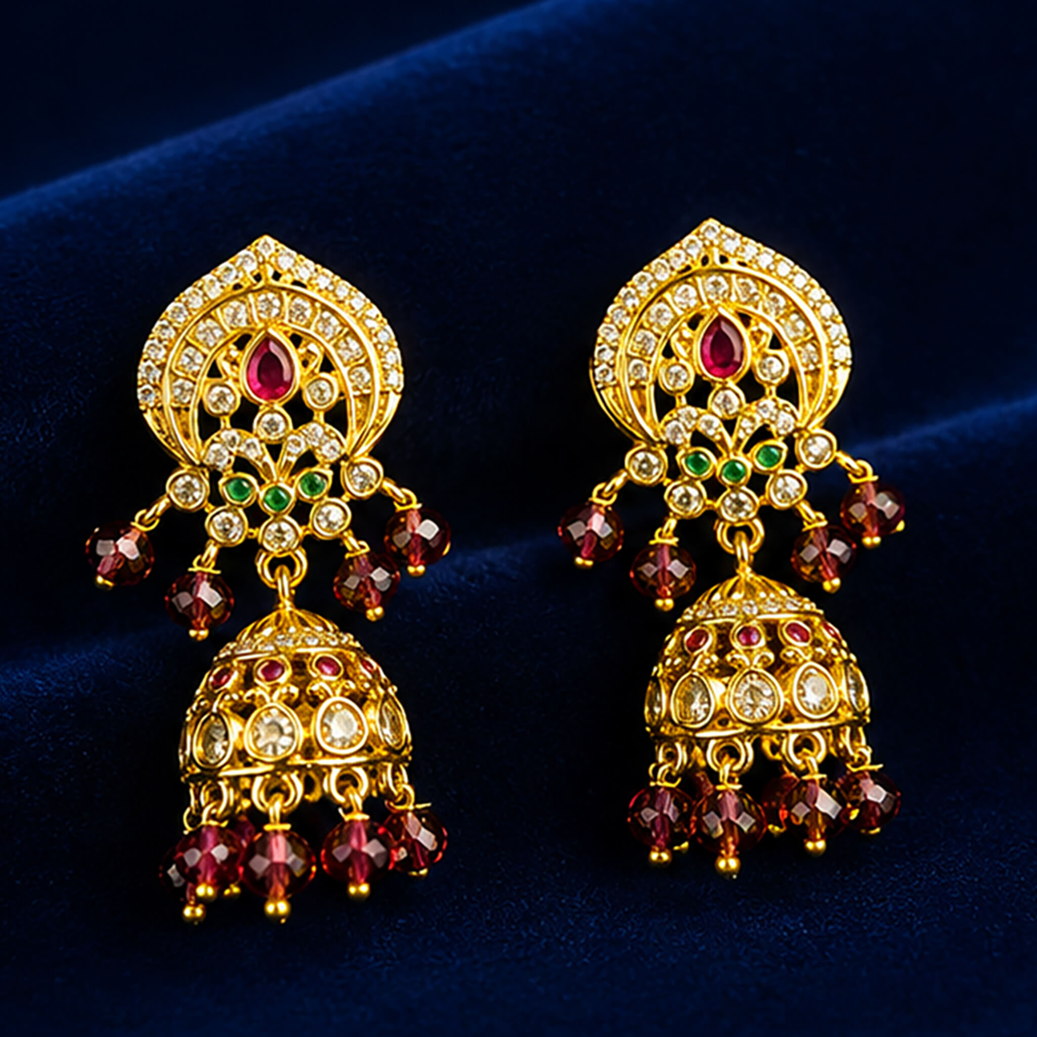 Gold-tone traditional jhumka earrings with ruby-red stones, crystal embellishments, and garnet bead danglers displayed on a royal blue velvet stand.