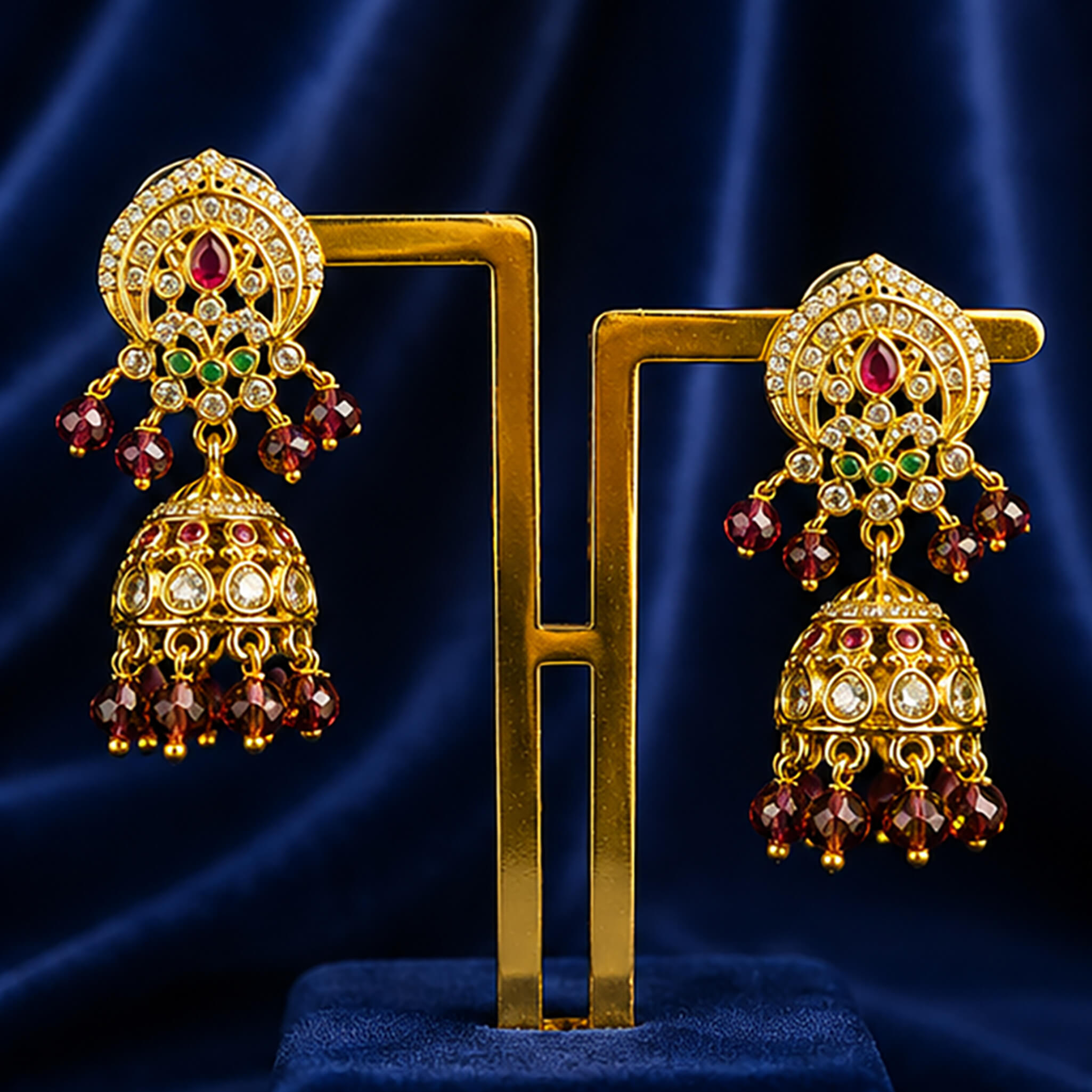 Gold-tone traditional jhumka earrings with ruby-red stones, crystal embellishments, and garnet bead danglers displayed on a royal blue velvet stand.