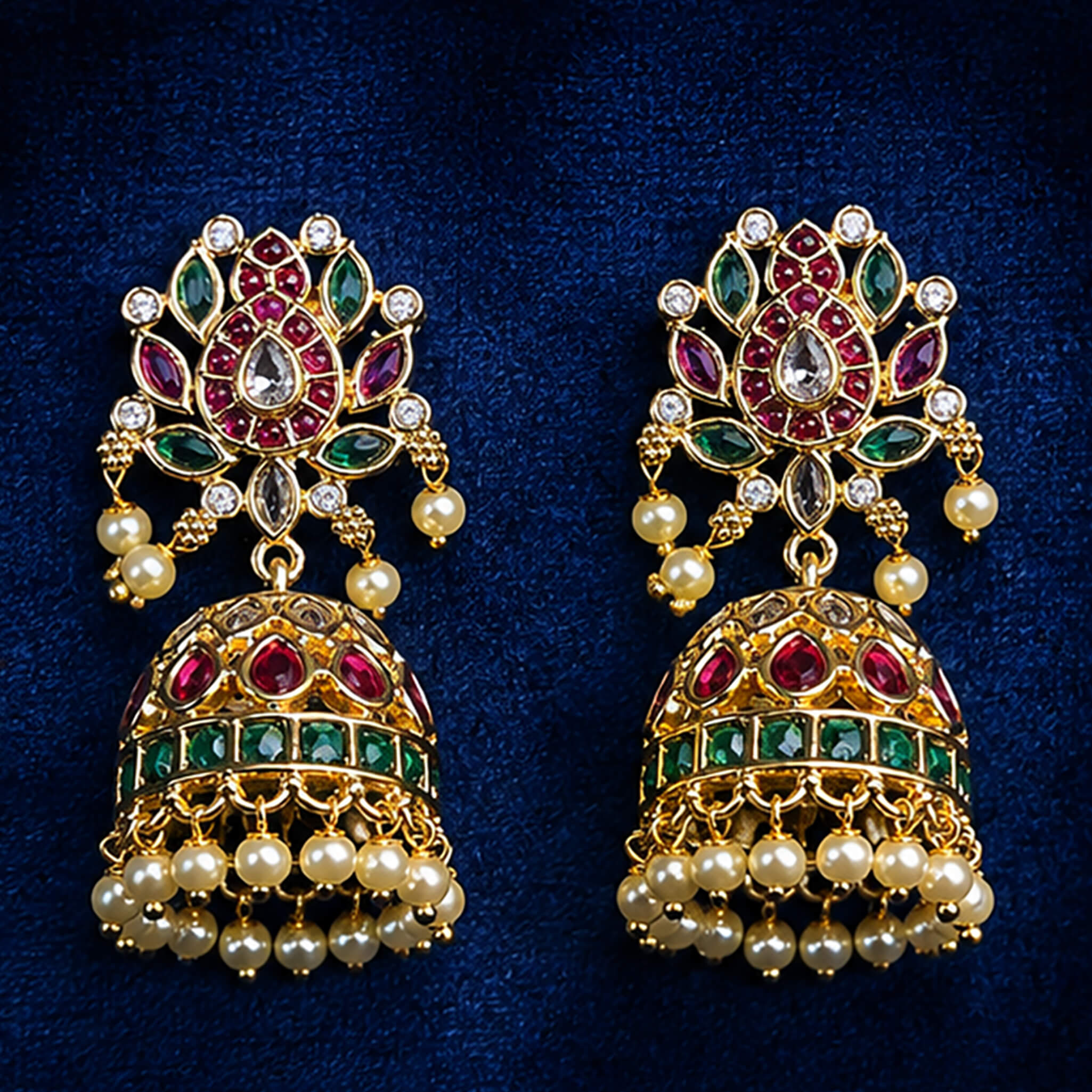 Traditional gold-tone jhumka ear tops with ruby-red stones, emerald-green stones, crystal accents, and pearl danglers on a royal blue background.