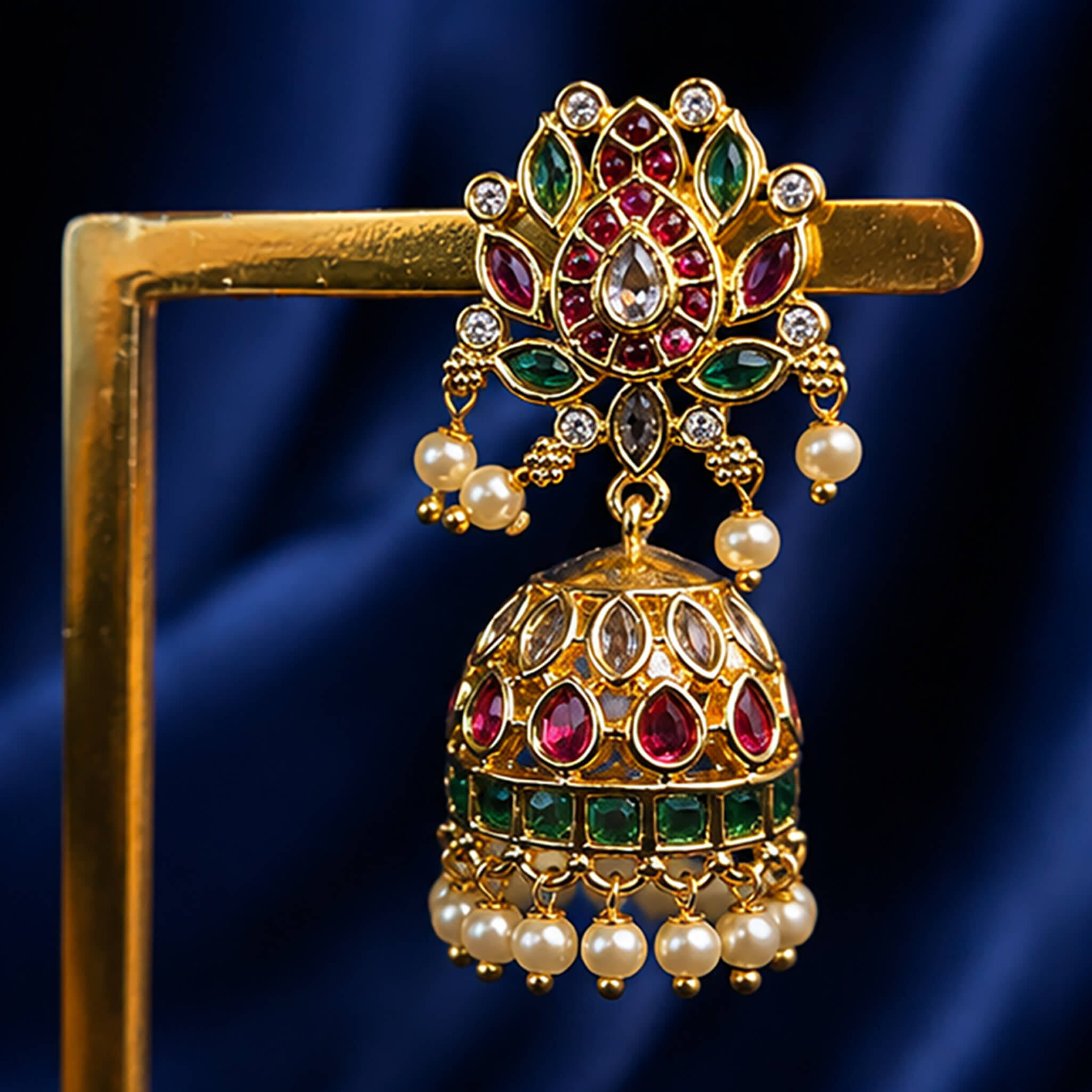 Traditional gold-tone jhumka ear tops with ruby-red stones, emerald-green stones, crystal accents, and pearl danglers on a royal blue background.