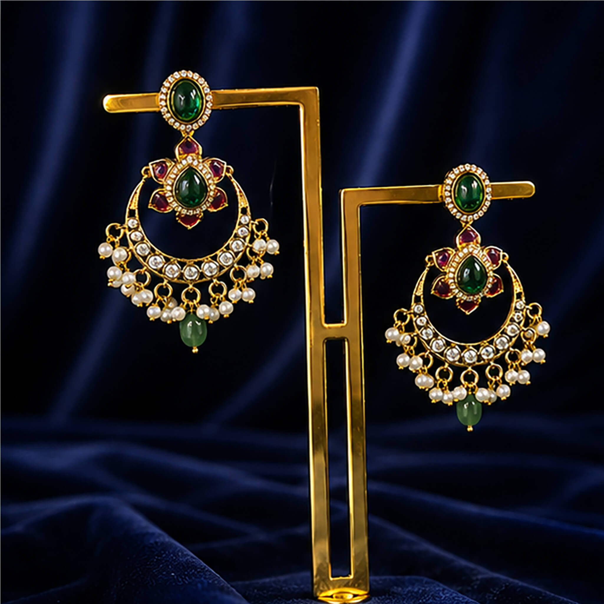 Gold-tone Chandbali earrings with emerald-green stones, ruby accents, crystal detailing, and pearl drops displayed on a luxury jewelry stand.